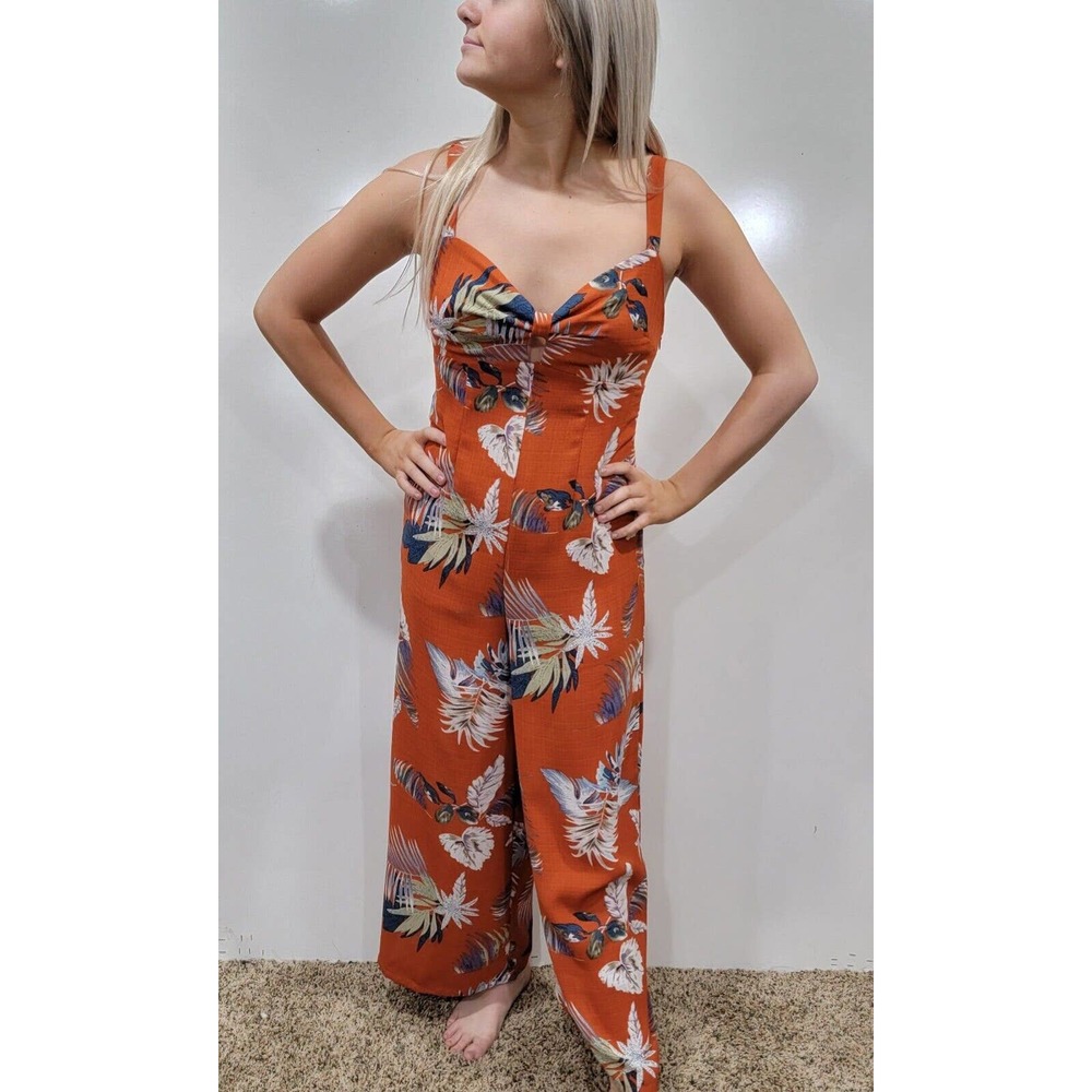 Forever 21 Contemporary Orange Blue White Tropical Halter Jumpsuit Size Small
